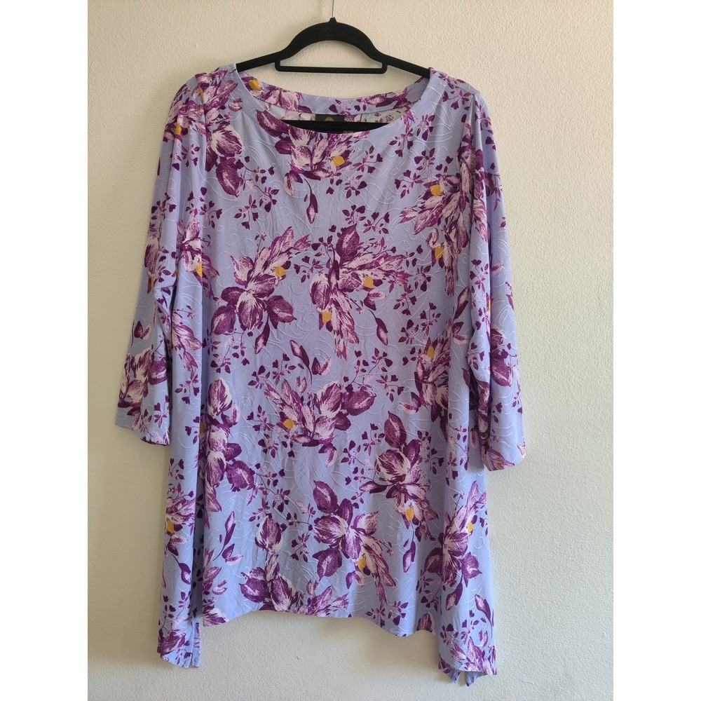 JM Collection‎ 1X Light Lavender Floral Jacquard Sharkbite Tunic Top Jersey